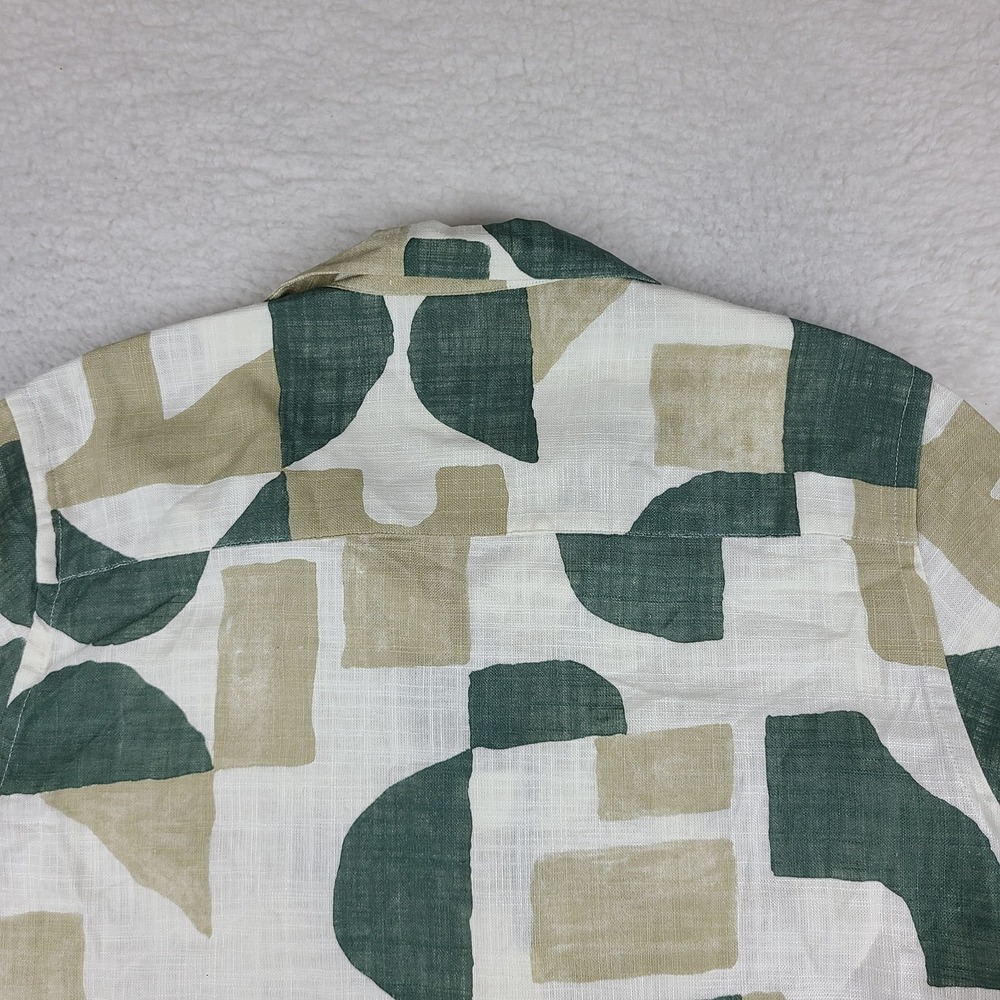 ZARA Shirt Mens XL Green Beige Geometric Linen Hawaiian Button Up Short Sleeve - Picture 8 of 11